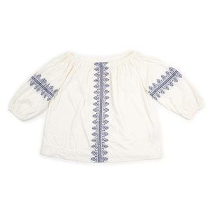 CHAPS petite 3/4 sleeve white blue embroidered top size M